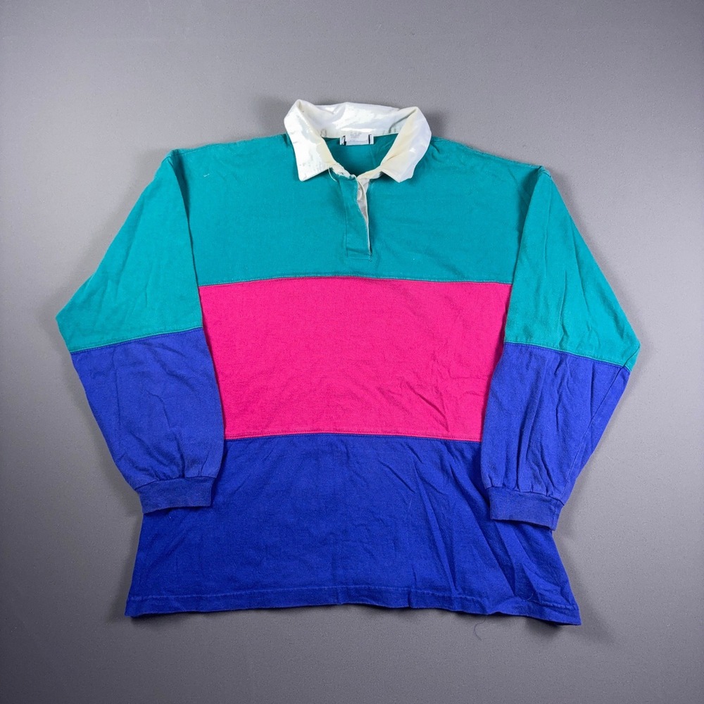 Vintage 90s New Era Rugby Shirt Colorblock Teal Pink Blue Long Sleeve Polo M